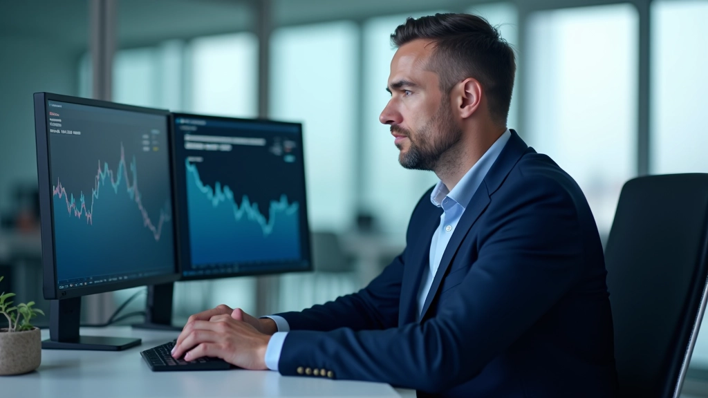 Analyste financier travaillant sur plusieurs écrans affichant des courbes de taux et des données de marché en temps réel